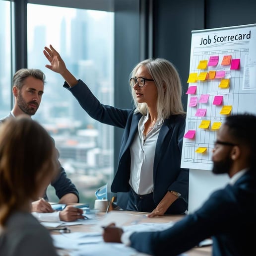 The image depicts a modern office setting with a diverse group of professionals engaged in a collaborative hiring meeting