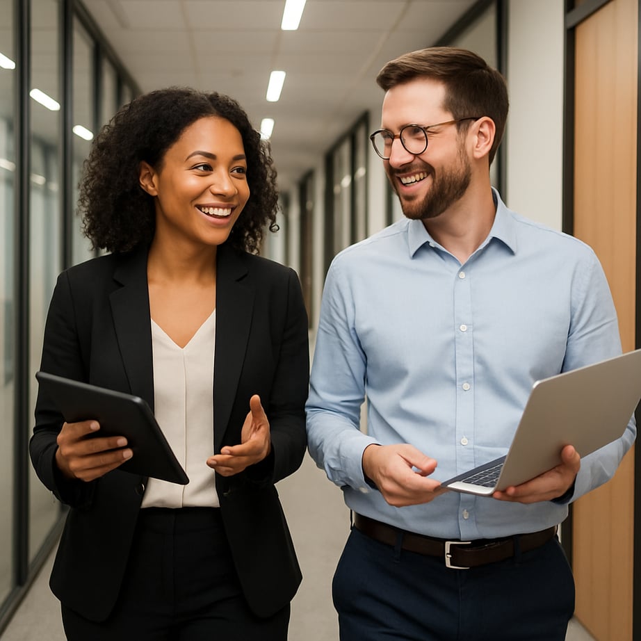 two professionals working together one is a woman the other is a man Both are in their 30s Walking together down a hallway in an office building talking to each other-1