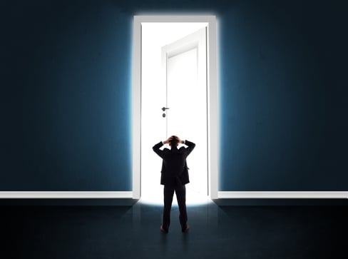 Business man looking at big bright opened door concept-1