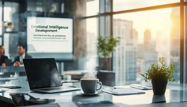 The image depicts a serene office environment bathed in natural light, with a large window overlooking a vibrant cityscape