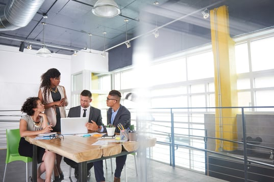 team of successful business people having a meeting in executive sunlit office-4